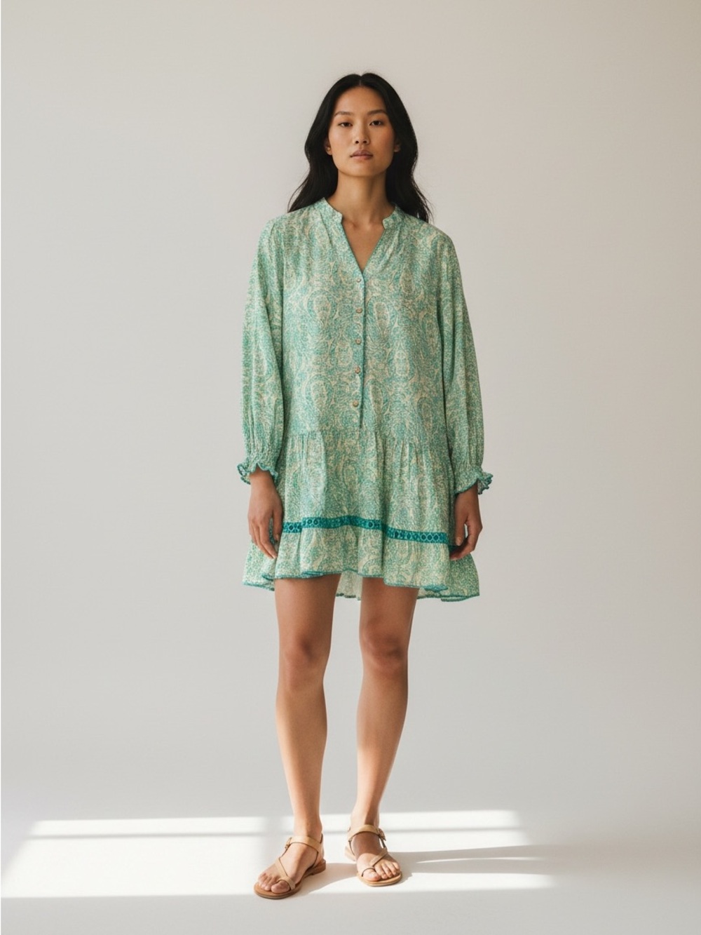 Last Queen Paris Green Paisley Button-Front Tiered Mini Dress